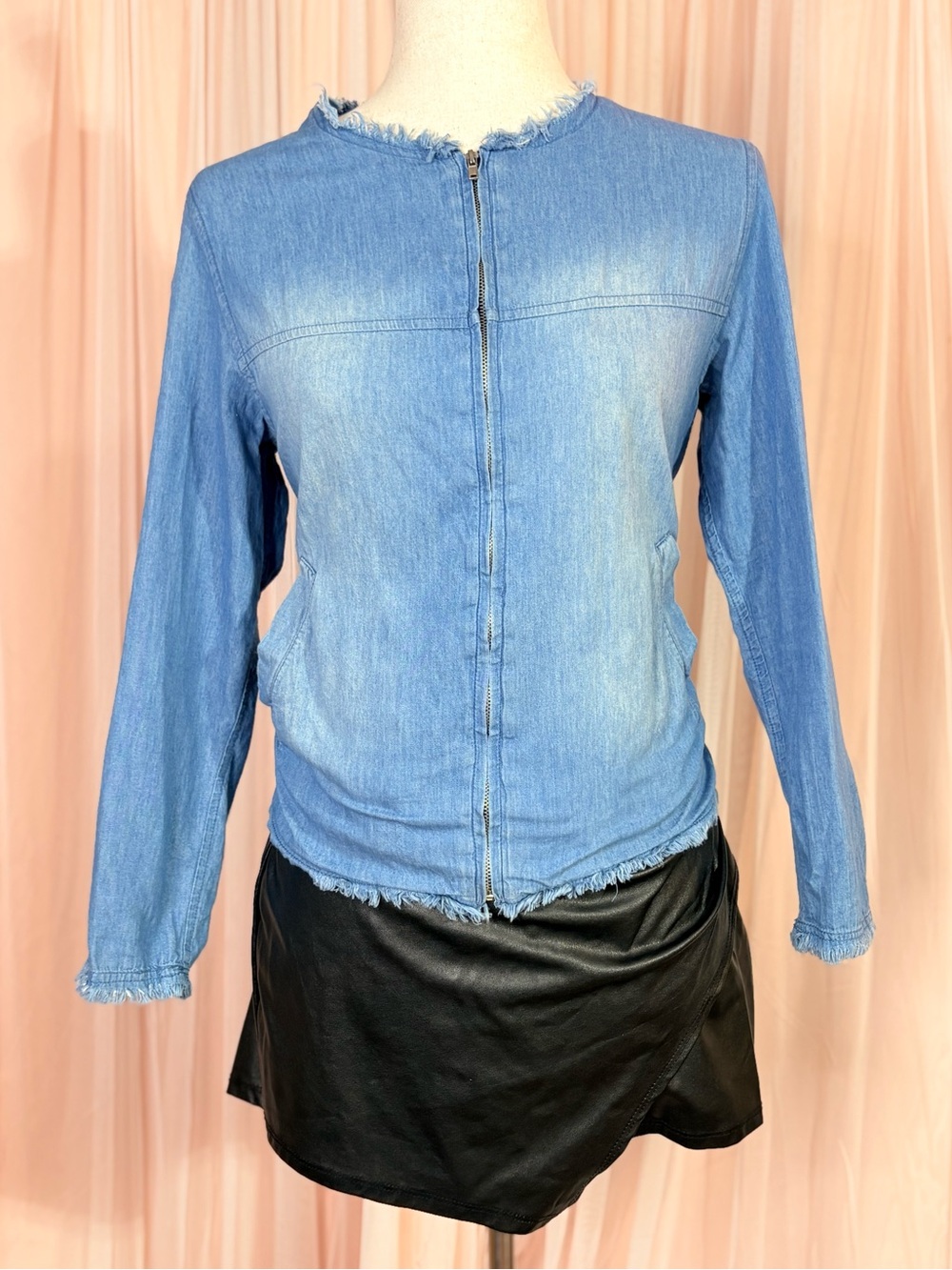 Frayed Edge Light Blue Denim Zip-Front Women's Blouse